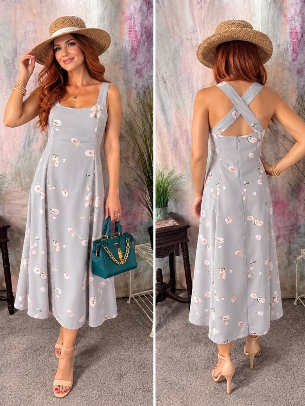 📌Newport News Floral Sundress with Beautiful Back Neckline Midi Dress